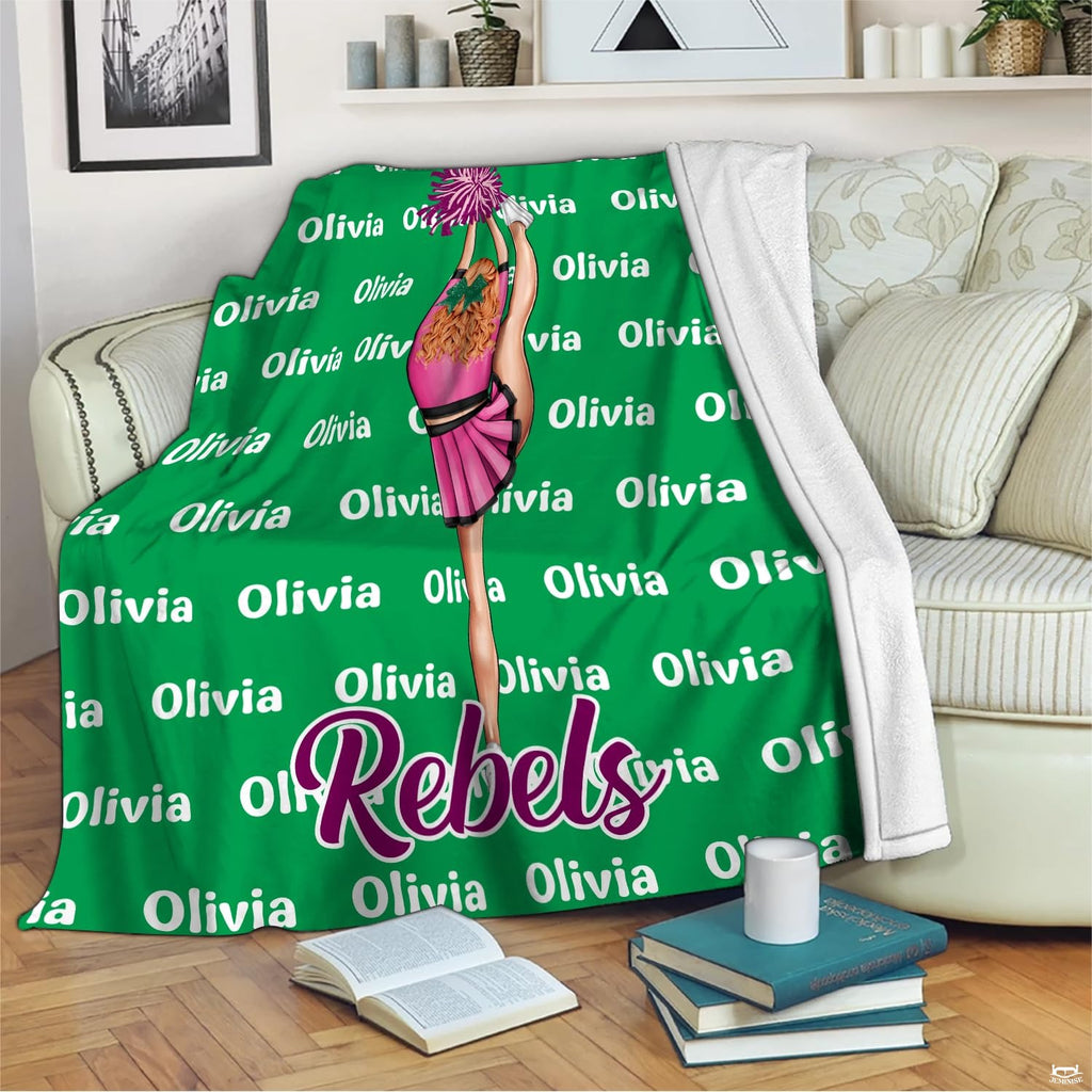 Vibrant cheer aesthetic display highlighting deep emerald jewel tones and cursive typography.