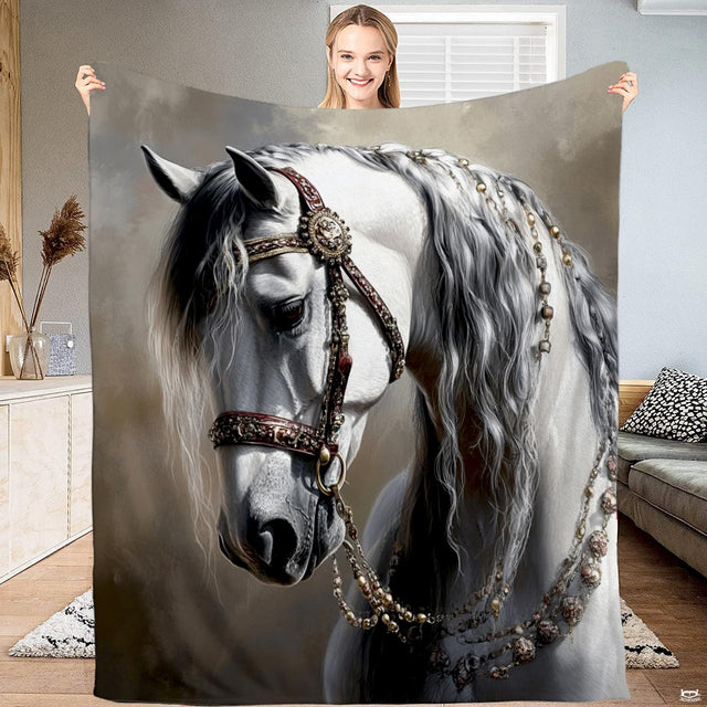 Fine art portrait of a noble white Andalusian stallion adorned with an ornate decorative bridle.