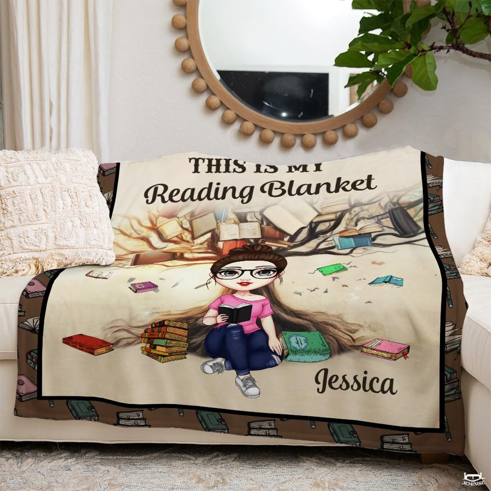 Personalized Cartoon Girl Reading in Front of Book Tree Throw Blanket