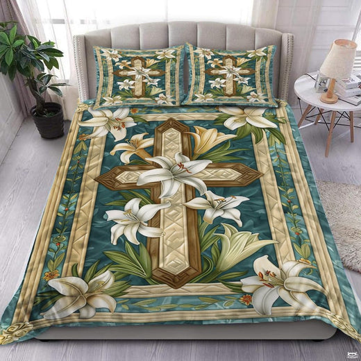 Sage botanical Christian cross scripture bedding set displayed neatly on a bed in a tranquil bedroom