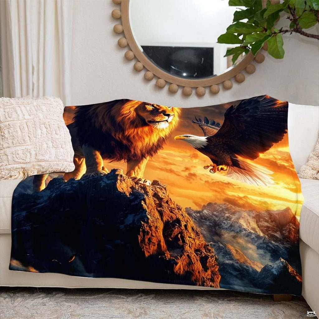 Overhead view of wilderness bedding highlighting a lion, eagle, and golden sunset crags.