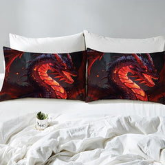 Close-up detail of dragon fantasy bedding displaying detailed mythical creature scales and glowing nebula haze.