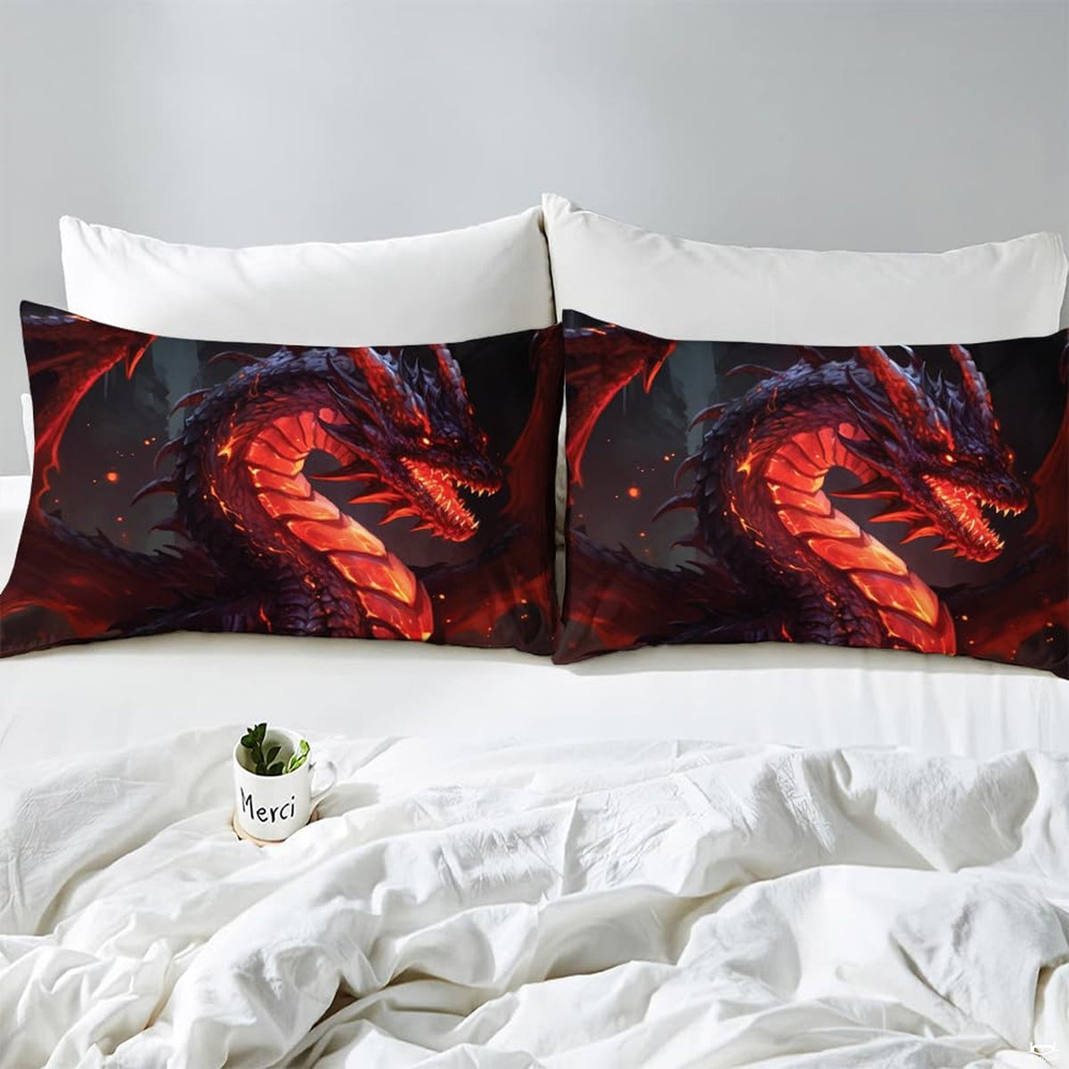 Close-up detail of dragon fantasy bedding displaying detailed mythical creature scales and glowing nebula haze.