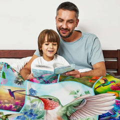Ruby hummingbird hydrangea throw blanket view 3 highlighting colorful plumage artwork and home styling
