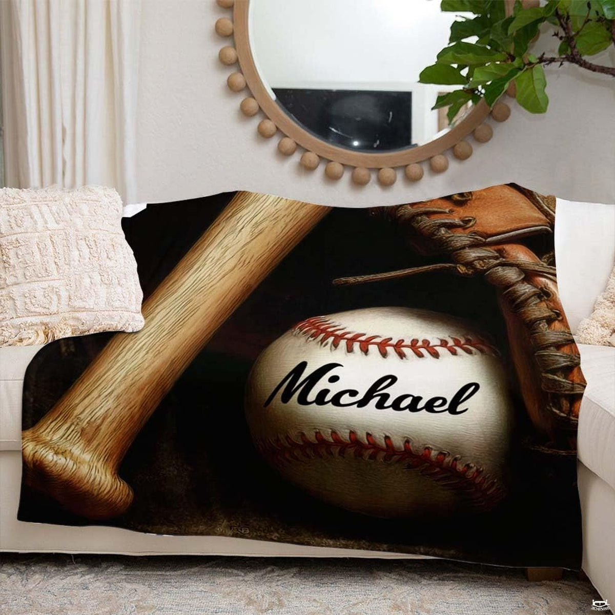 Wooden baseball bat, baseball with red lacing, and vintage fielder mitt in dramatic studio shadows, view 6.