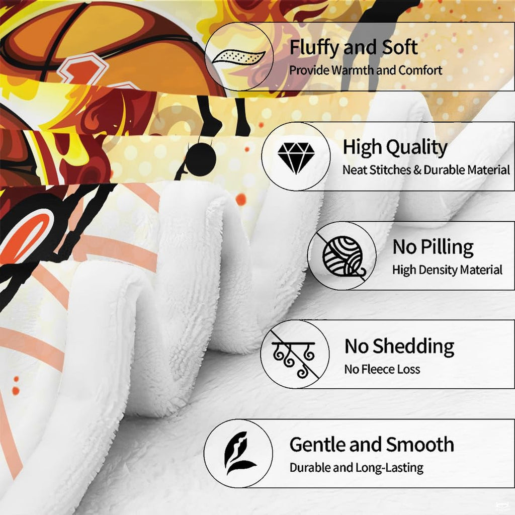 Detailed angle of sports bedding highlighting bright crimson flames, athletic imagery, and halftone print decor.