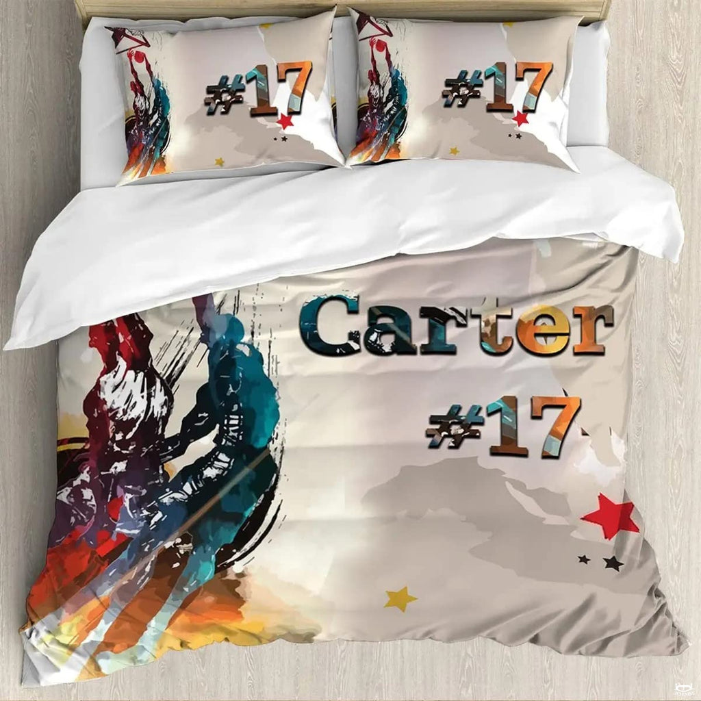Close-up perspective of expressive basketball player brushstrokes and star graphics on sports bedding