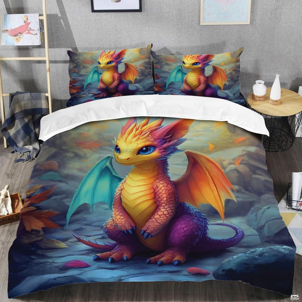 Colorful dragon bedding shown in a modern bedroom