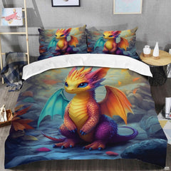 Colorful dragon bedding shown in a modern bedroom