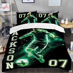 Custom Neon Green Soccer Player Artwork Comforter Set, Boys Room Decor