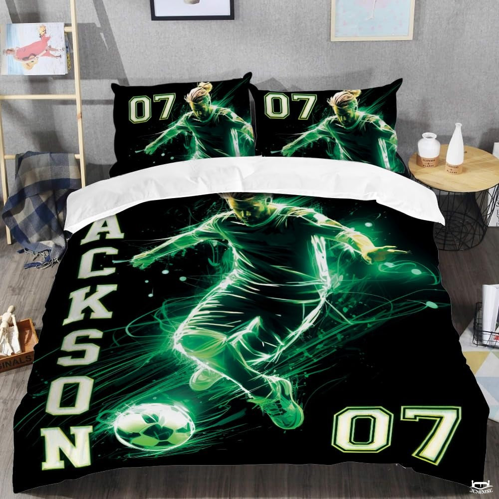 Custom Neon Green Soccer Player Artwork Comforter Set, Boys Room Decor