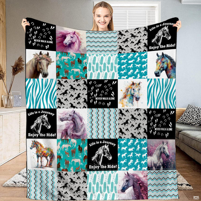 Teal equestrian horse patchwork collage graphic blanket showing watercolor portraits and chevrons view 1