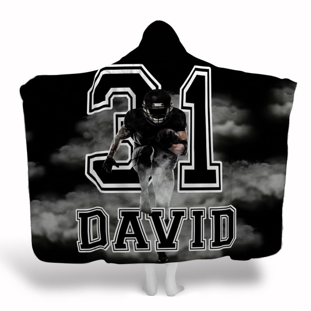 Football running back charging through swirling smoke with varsity number twenty-one, view 1.