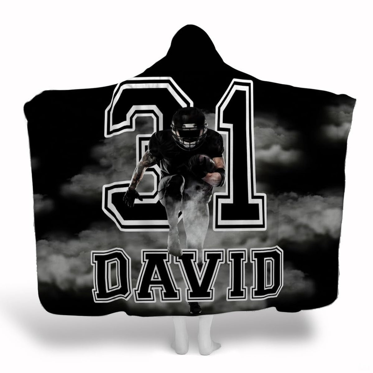 Football running back charging through swirling smoke with varsity number twenty-one, view 1.