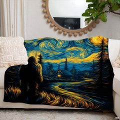 Overhead look at deep navy and golden yellow celestial swirls on modern Bigfoot forest bedding.