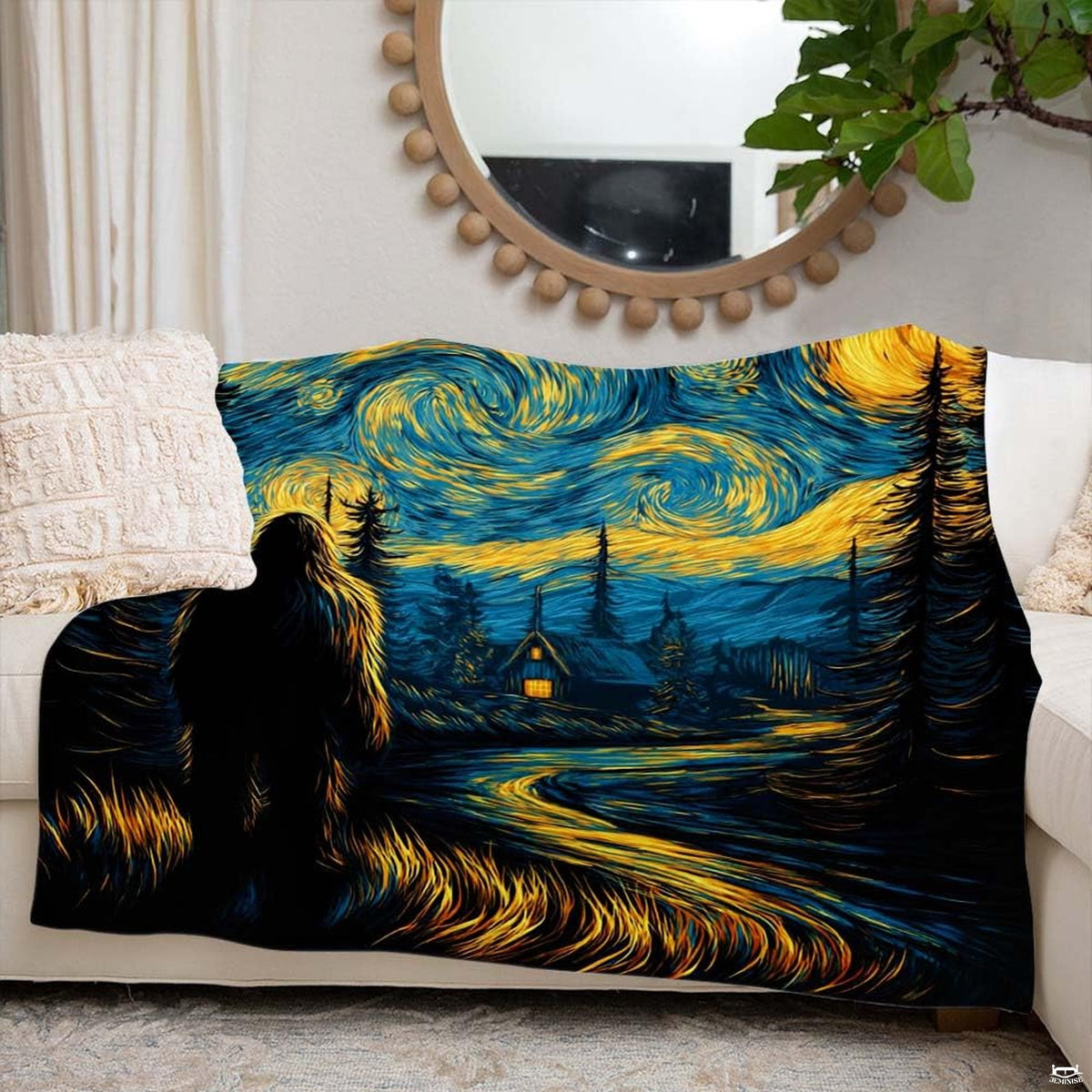 Overhead look at deep navy and golden yellow celestial swirls on modern Bigfoot forest bedding.