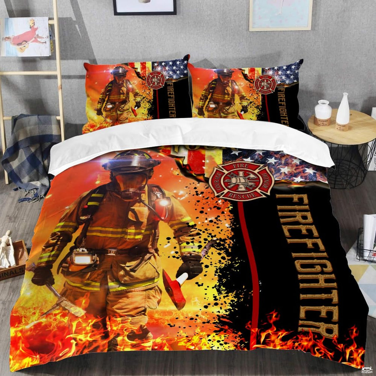 Helmeted responder with hand tools, orange flames, dark panel, and weathered flag artwork