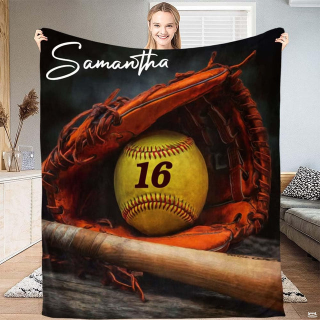 Softball mitt and wooden bat sports graphic blanket unfolded flat view