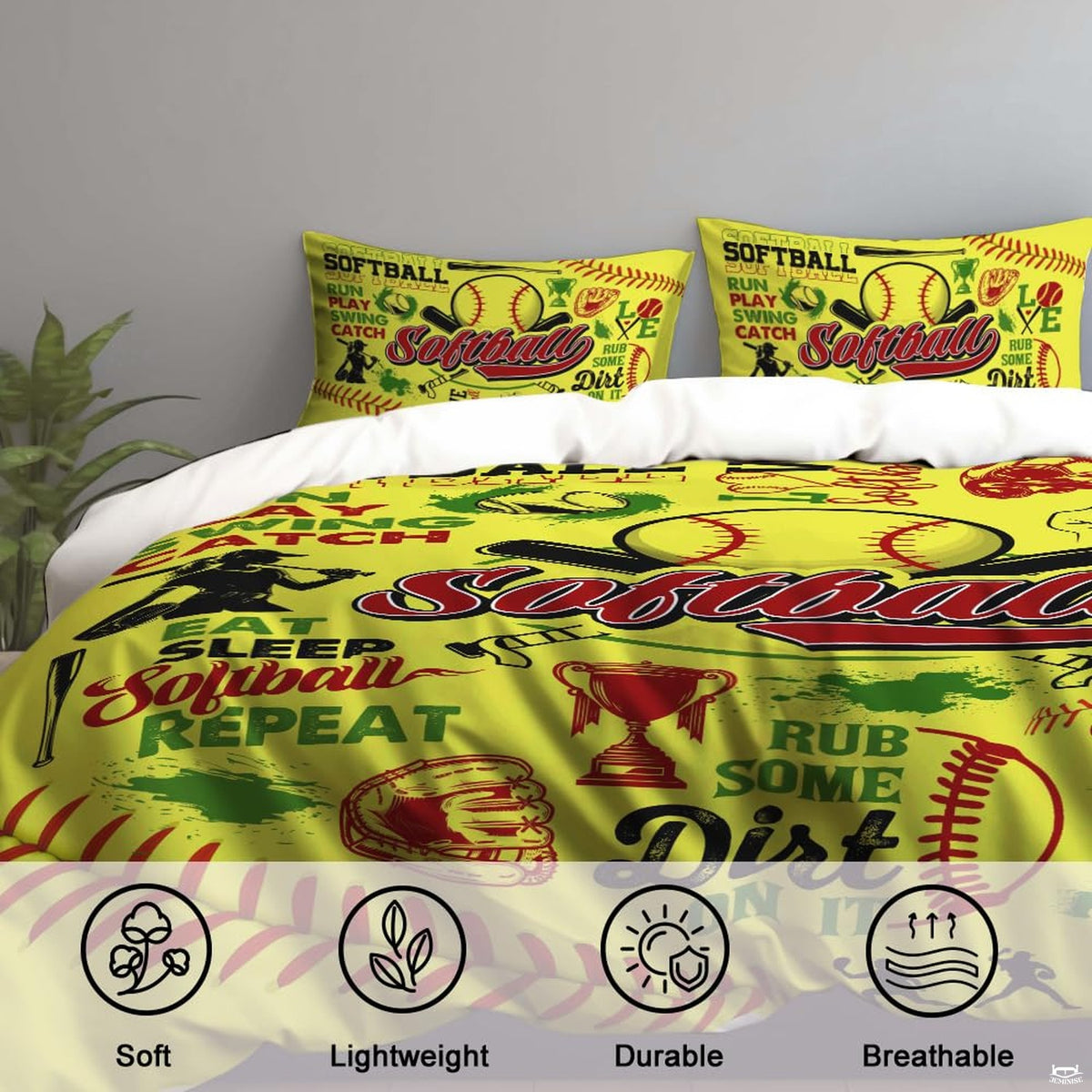Folded corner perspective of optic yellow softball bedding set displaying high-contrast athletic print