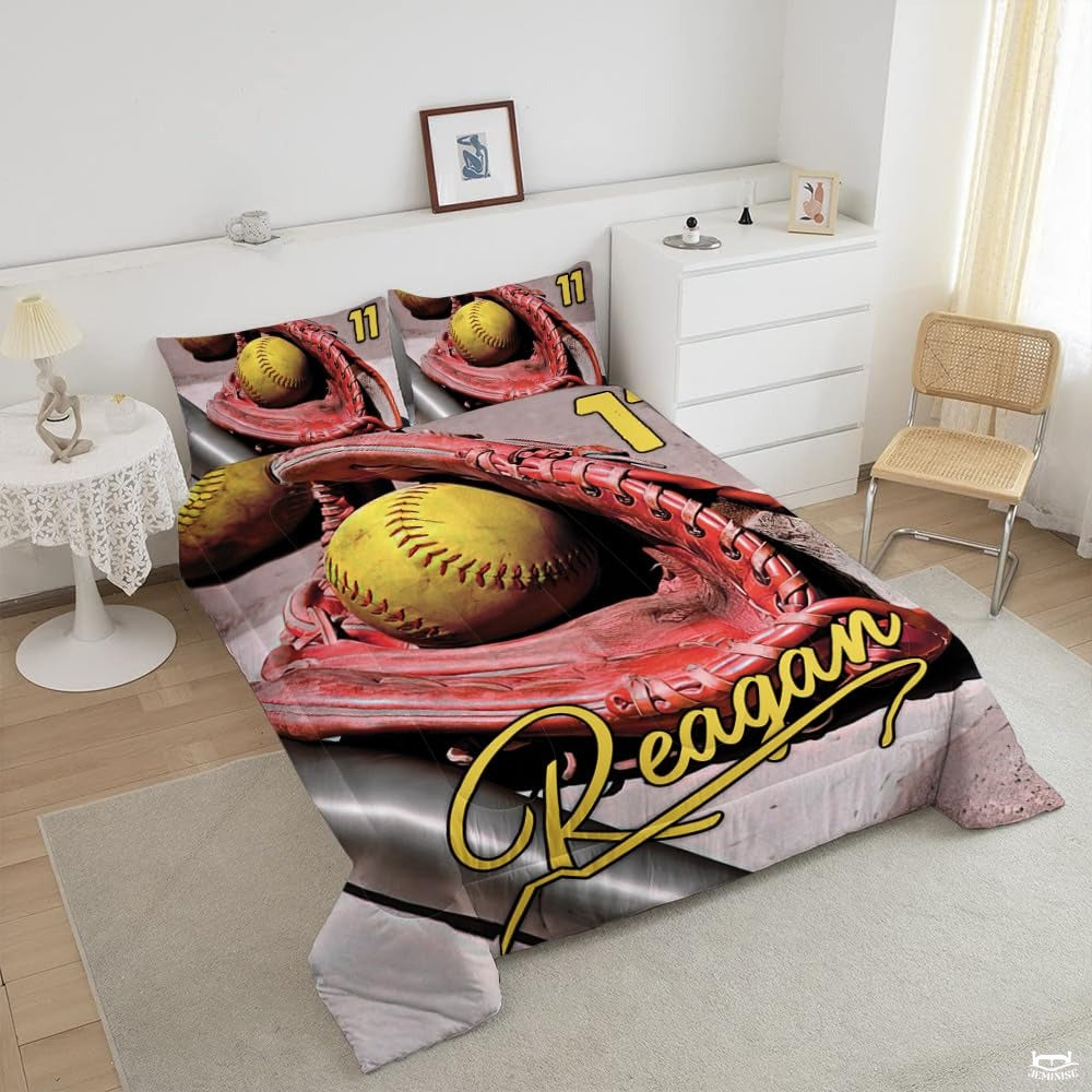 Teal Yellow Softball Bedding Set – Stylish Sports Bedroom Decor Comforter for Girls & Women, Perfect for Softball Fans, Available in Twin, Queen, King Sizes