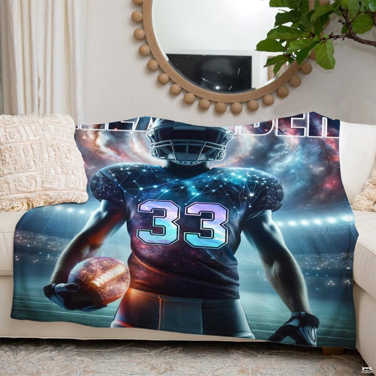 Cosmic galaxy football player with nebula constellation patterns under stadium lights, view 3.