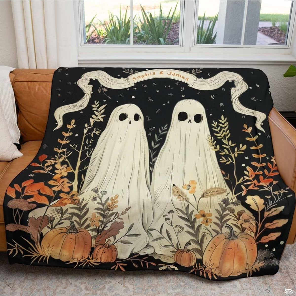 Charming draped sheet ghost figures with arched ribbon banner on midnight black background.
