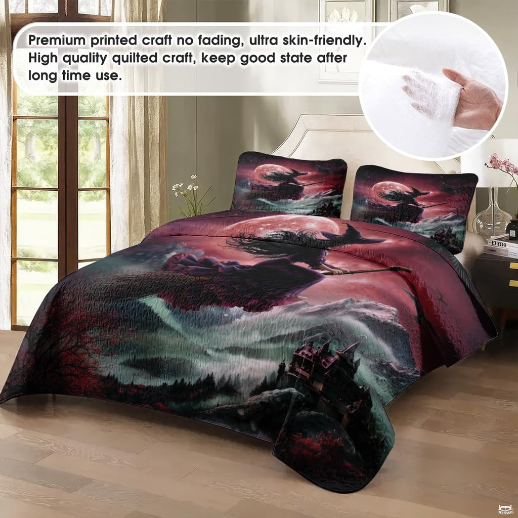 Crimson moon witch bedding in a softly lit bedroom