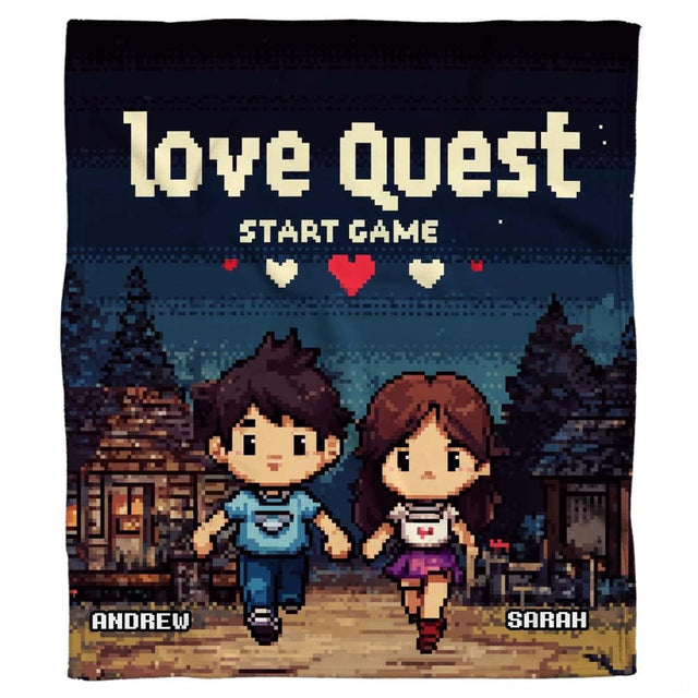 8-bit pixel art couple in RPG village with pixel hearts and retro typography, view 2.