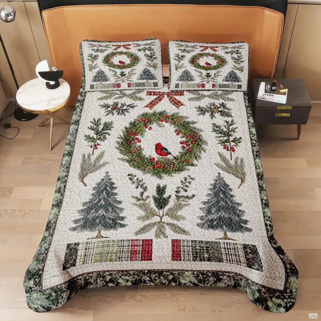 Full bedroom display of cranberry red snowman bedding styled with festive winter seasonal decor