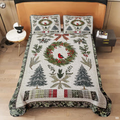 Full bedroom display of cranberry red snowman bedding styled with festive winter seasonal decor