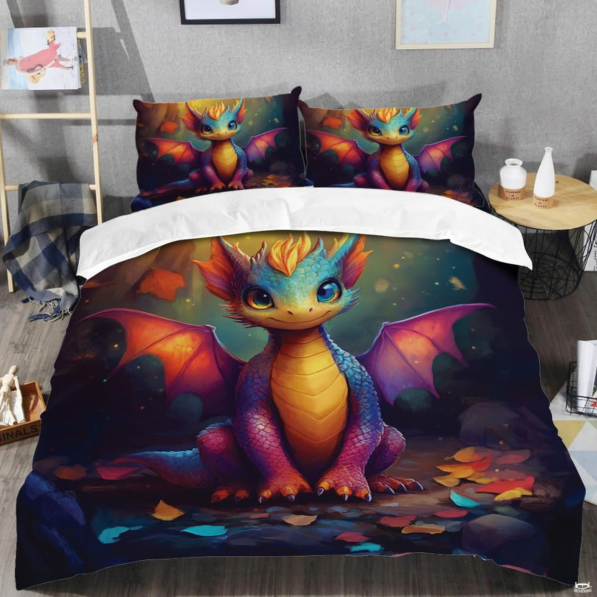 Rainbow dragon bedding shown in a modern bedroom