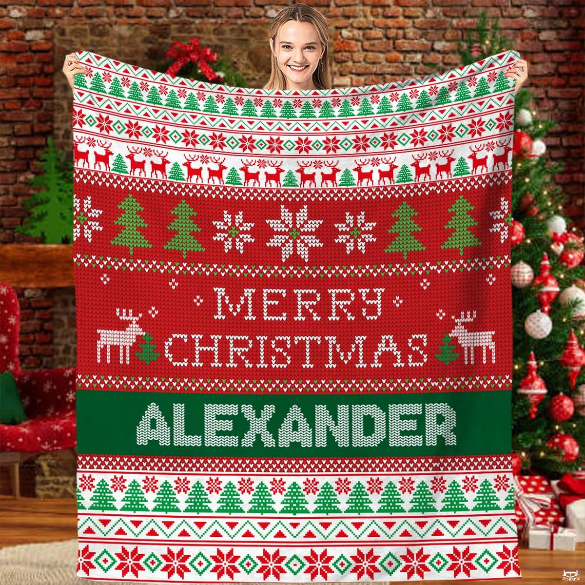 Festive ugly sweater holiday Fair Isle blanket held before Christmas tree