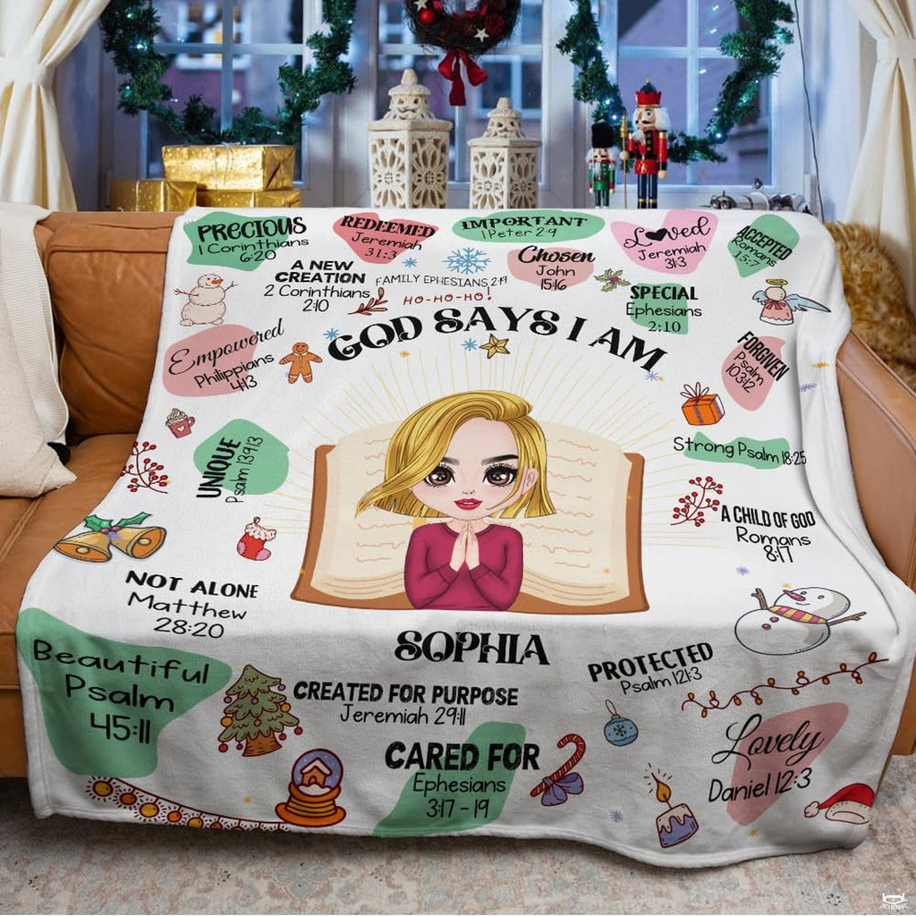 God says I am Christmas scripture faith holiday blanket showing praying girl and snowmen view 3