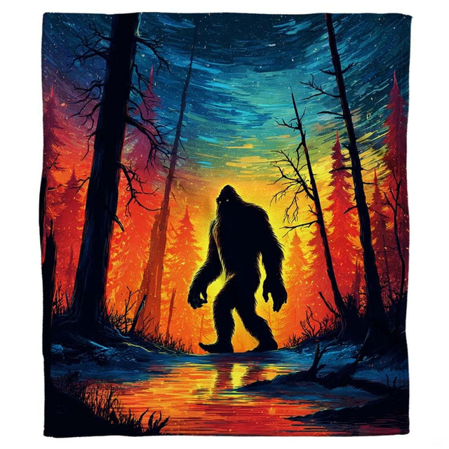 Impressionist painting of Bigfoot silhouette against fiery sunset woods and swirling teal sky, view 2.