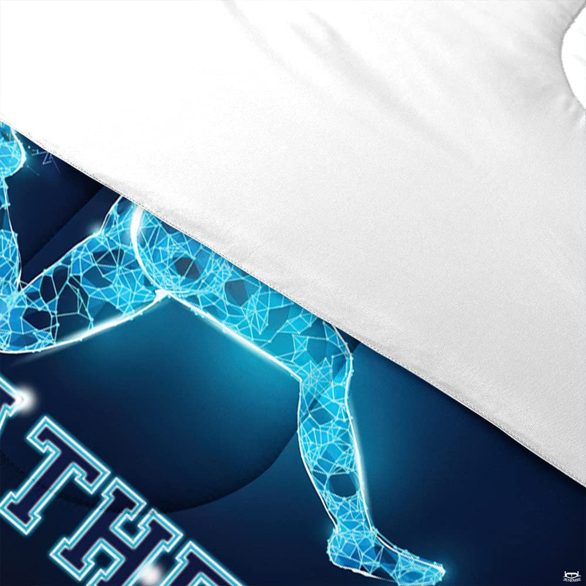 Matching pillow sham detail for neon football bedding set displaying glowing player graphics in bedroom setting