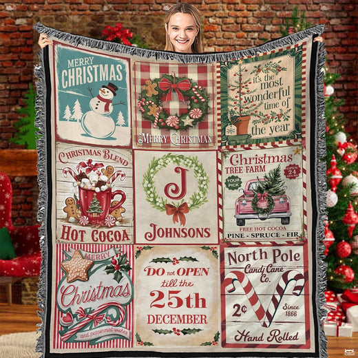 Vintage Christmas mercantile signs collage throw blanket featuring hot cocoa, candy canes, and tree farm