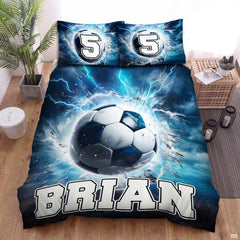 Electric lightning thunder soccer sports bedding featuring a soccer ball graphic with lightning bolts on a bed
