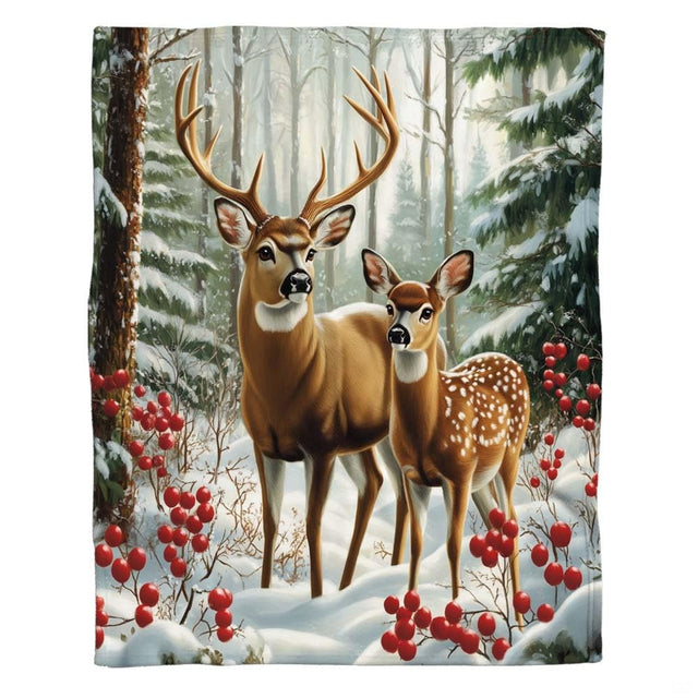 Winter deer bedding featuring an antlered buck and fawn in snow surrounded by frosted evergreen pine trees.