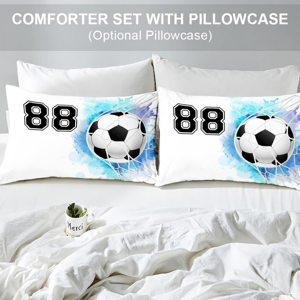 Matching pillow sham detail for watercolor soccer bedding set displaying athletic jersey numerals
