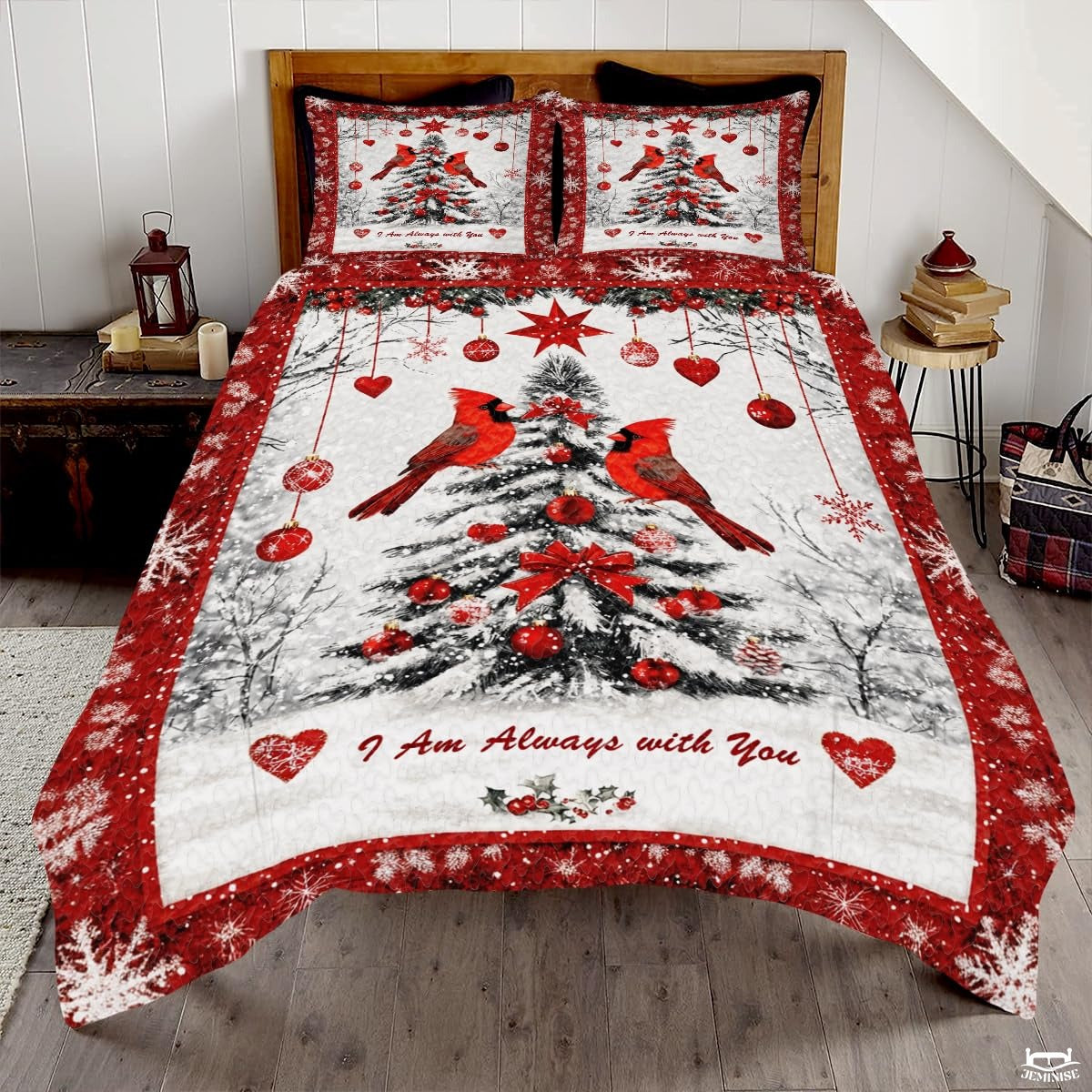 Cardinals Perched Beside Decorated Christmas Tree Patchwork Winter Quilt