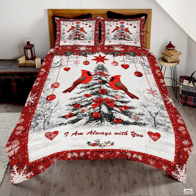 Cardinals Perched Beside Decorated Christmas Tree Patchwork Winter Quilt