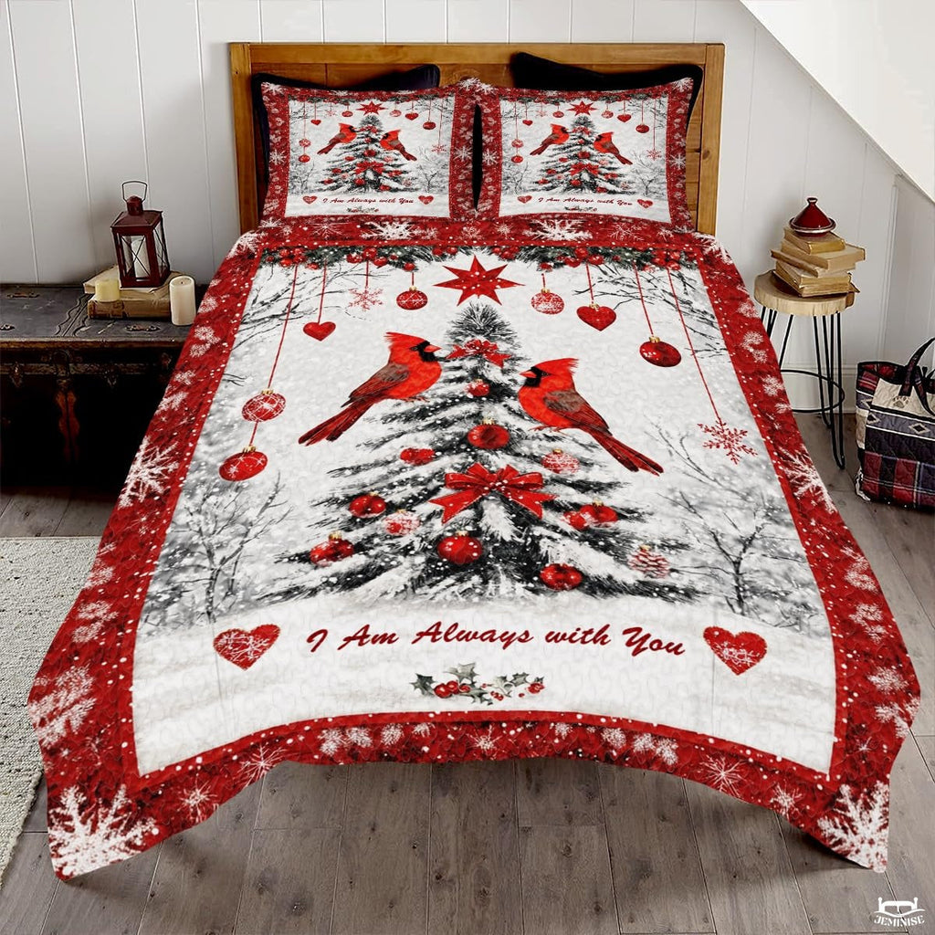 Christmas cardinal memorial quilt set on bed