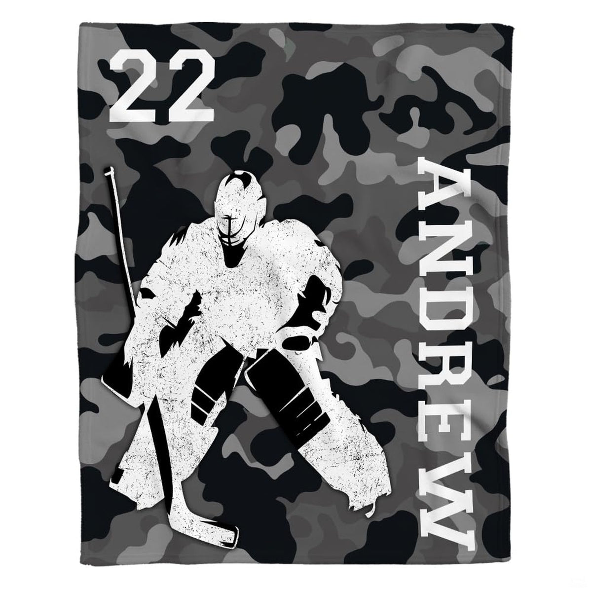 Graphic layout of ice hockey goalie design on grey camouflage ground with vertical block lettering.