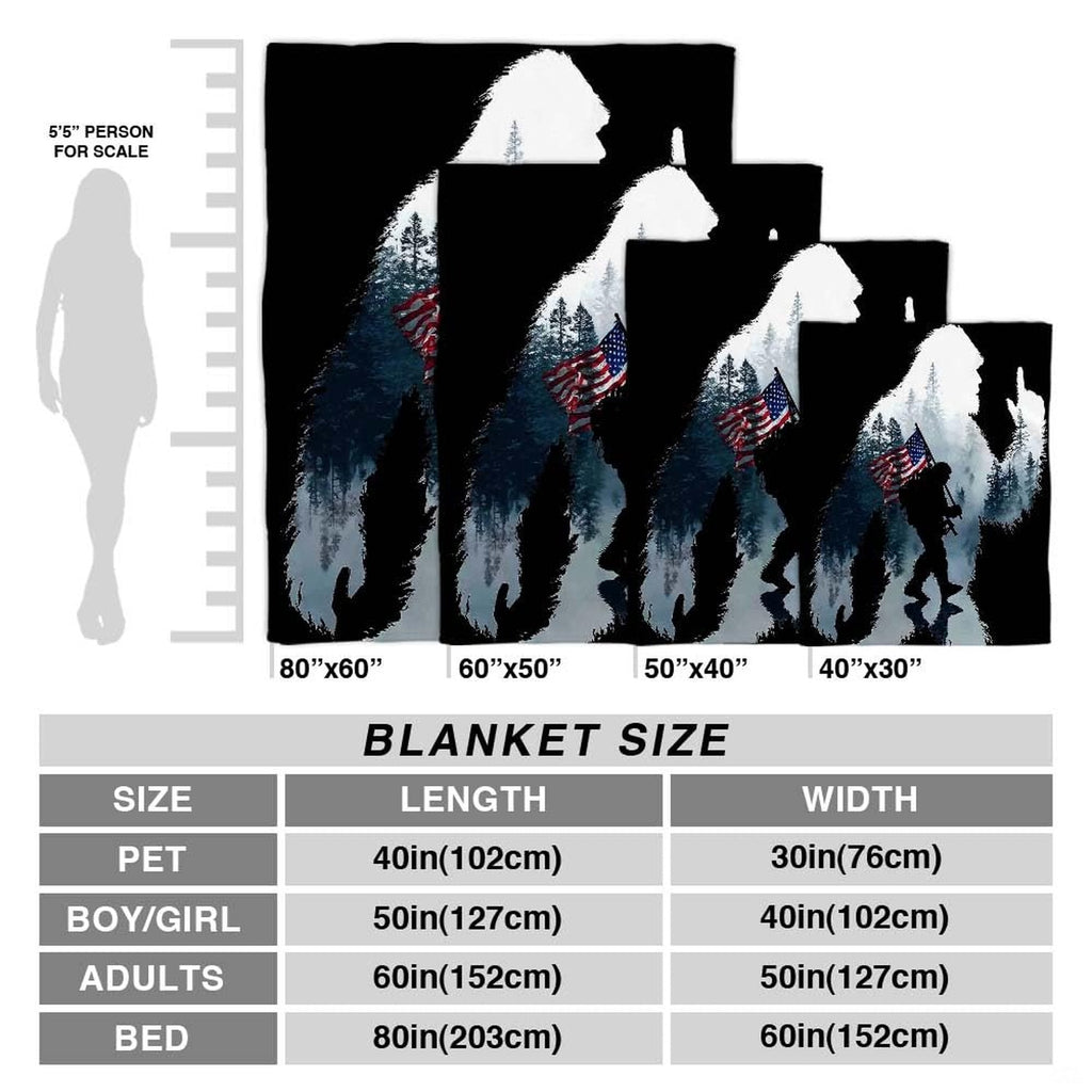 Bigfoot American flag throw blanket spread flat across a bedroom bed ensemble