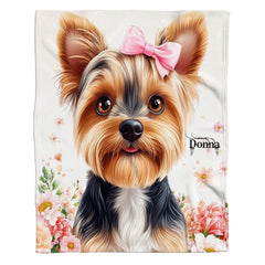 Illustrated yorkie bedding set featuring a Yorkshire Terrier portrait with a pastel pink bow and subtle floral background.