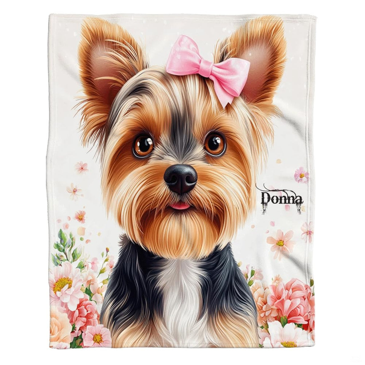 Illustrated yorkie bedding set featuring a Yorkshire Terrier portrait with a pastel pink bow and subtle floral background.