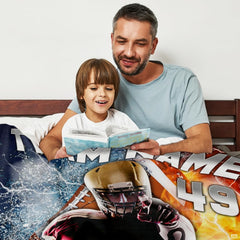 Football player fire and ice throw blanket view 3 highlighting athletic player, split lightning, and flaming ball