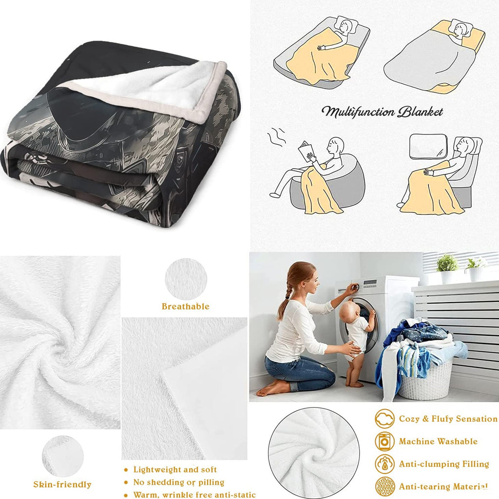 Product overview diagram illustrating versatile living room, bedroom, and travel uses for sports blanket