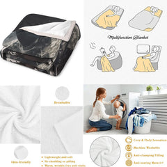 Product overview diagram illustrating versatile living room, bedroom, and travel uses for sports blanket