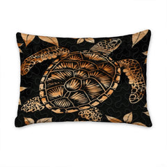 Overhead view of sea turtle bedroom decor showing Hawaiian floral motifs across the dark bedding.
